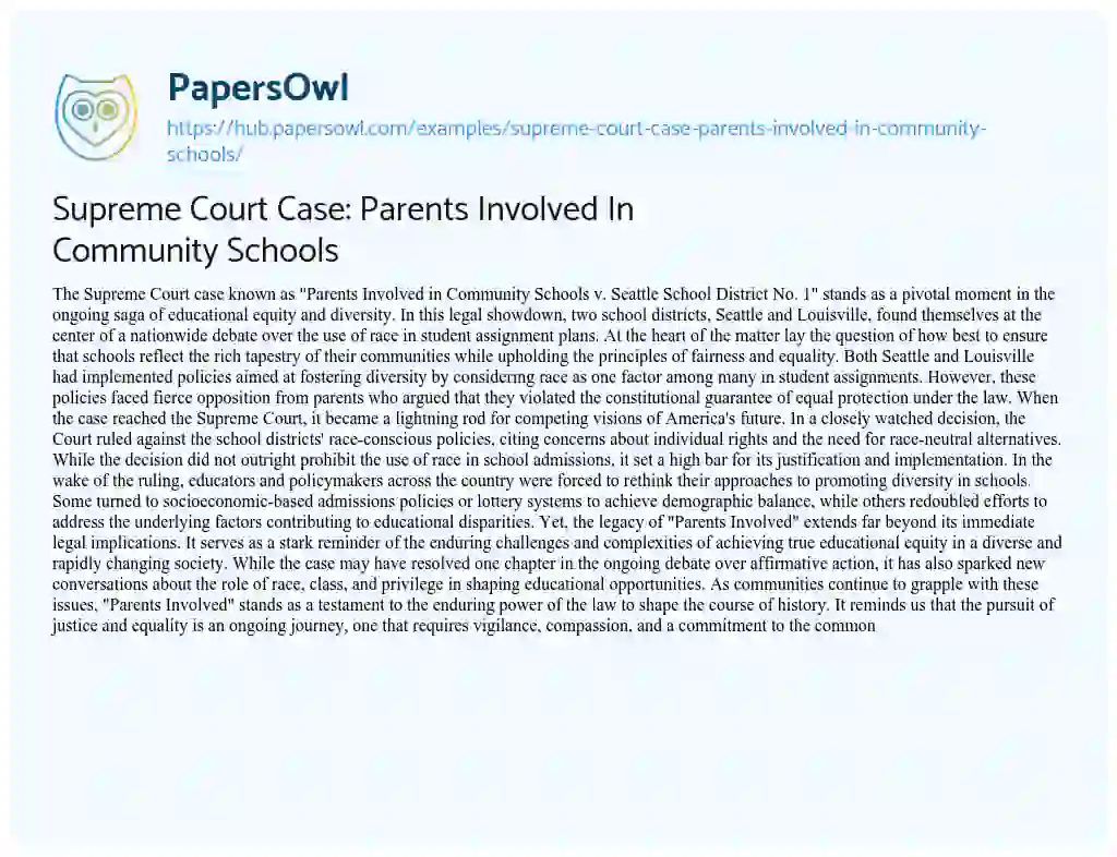 Essay on Supreme Court Case: Parents Involved In Community Schools