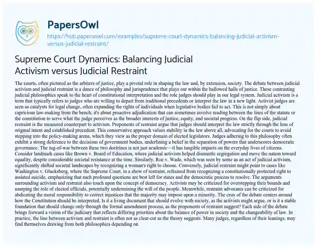 Essay on Supreme Court Dynamics: Balancing Judicial Activism versus Judicial Restraint