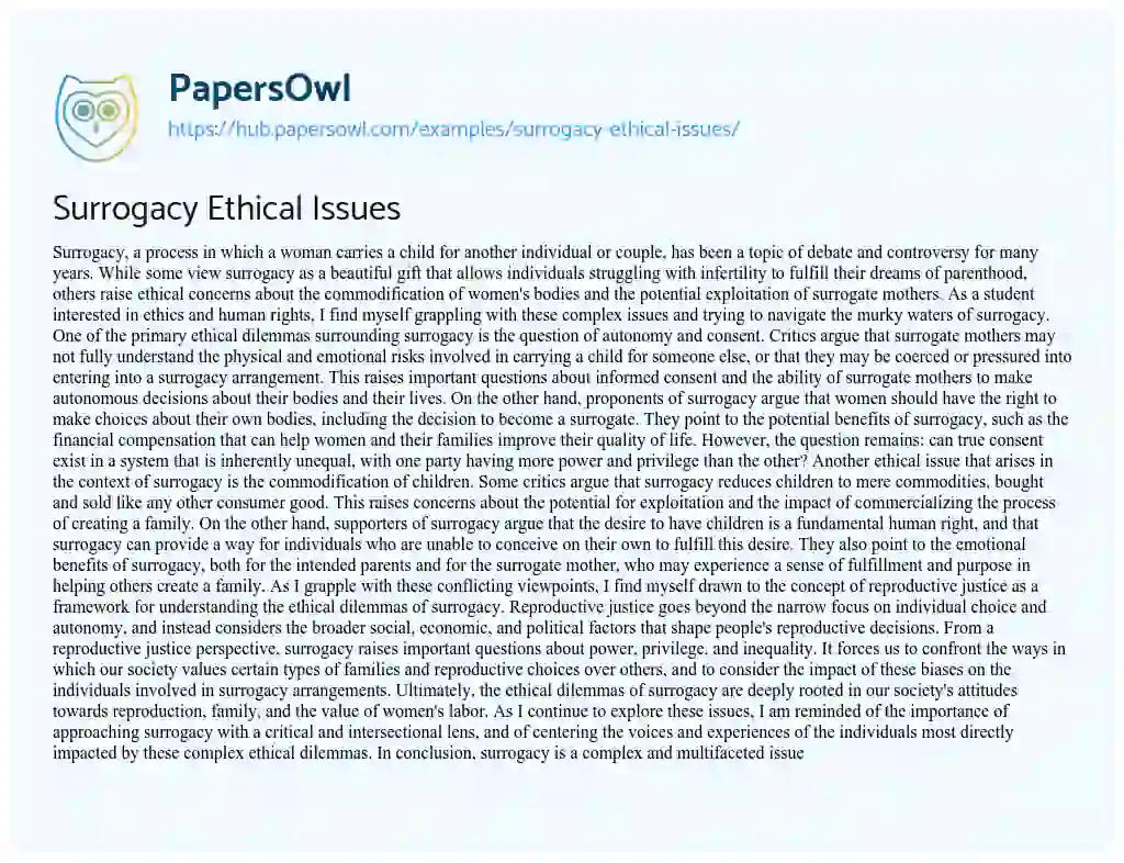 Essay on Surrogacy Ethical Issues
