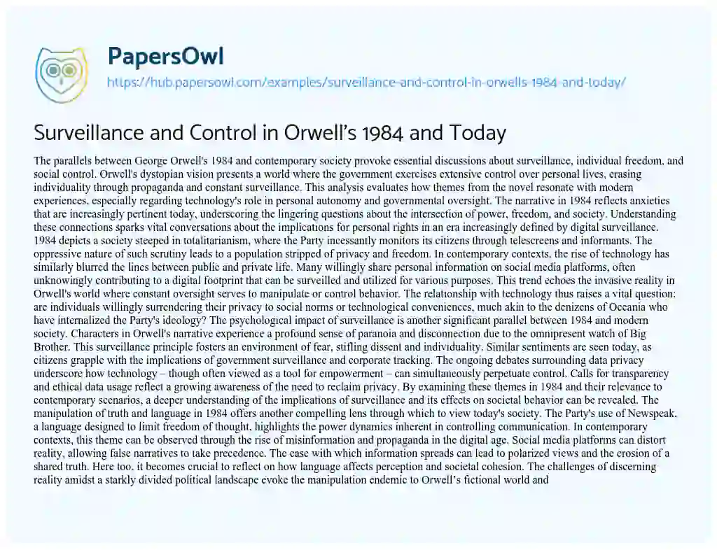 Essay on Surveillance and Control in Orwell’s 1984 and Today