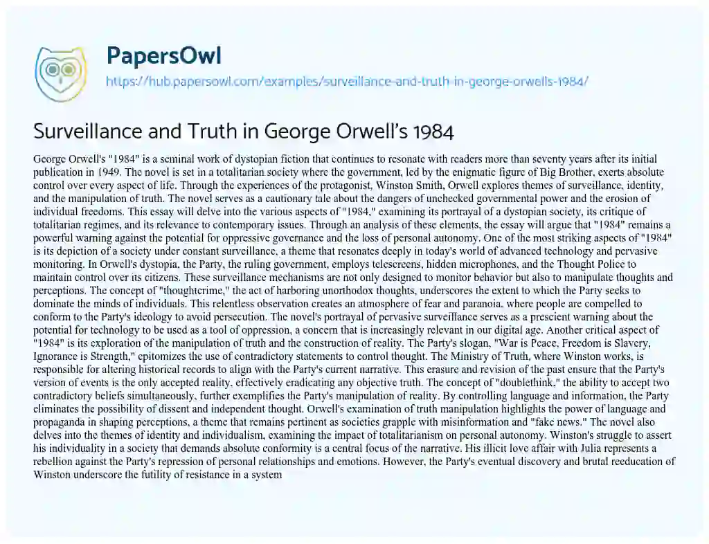 Essay on Surveillance and Truth in George Orwell’s 1984