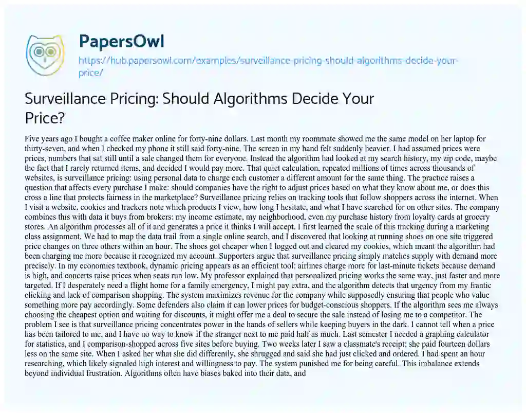 Essay on Surveillance Pricing: Should Algorithms Decide Your Price?