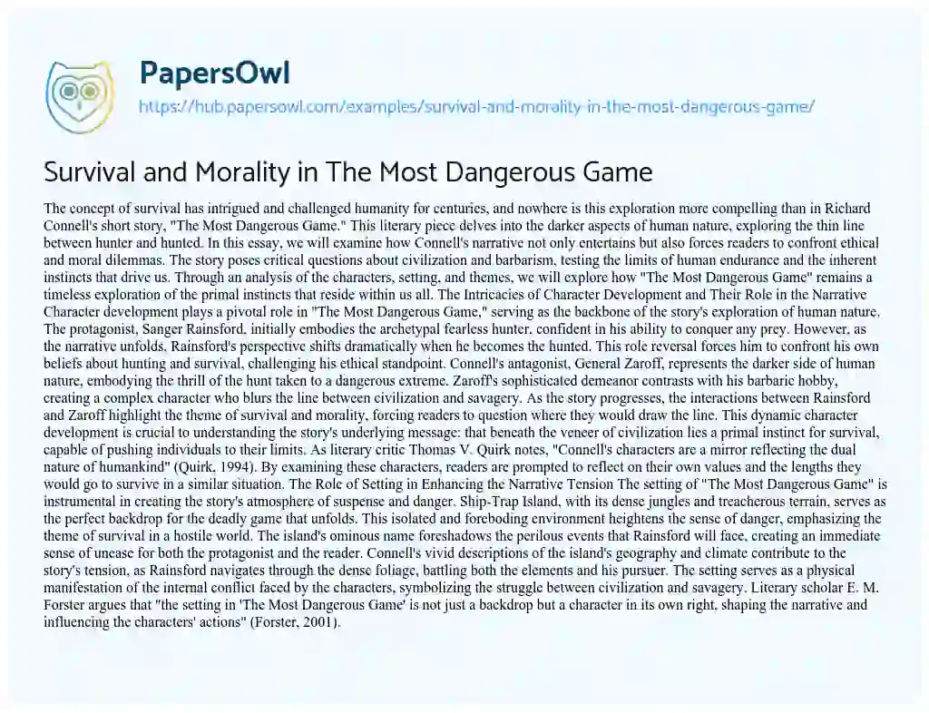 Essay on Survival and Morality in The Most Dangerous Game