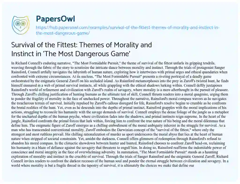 Essay on Survival of the Fittest: Themes of Morality and Instinct in ‘The Most Dangerous Game’