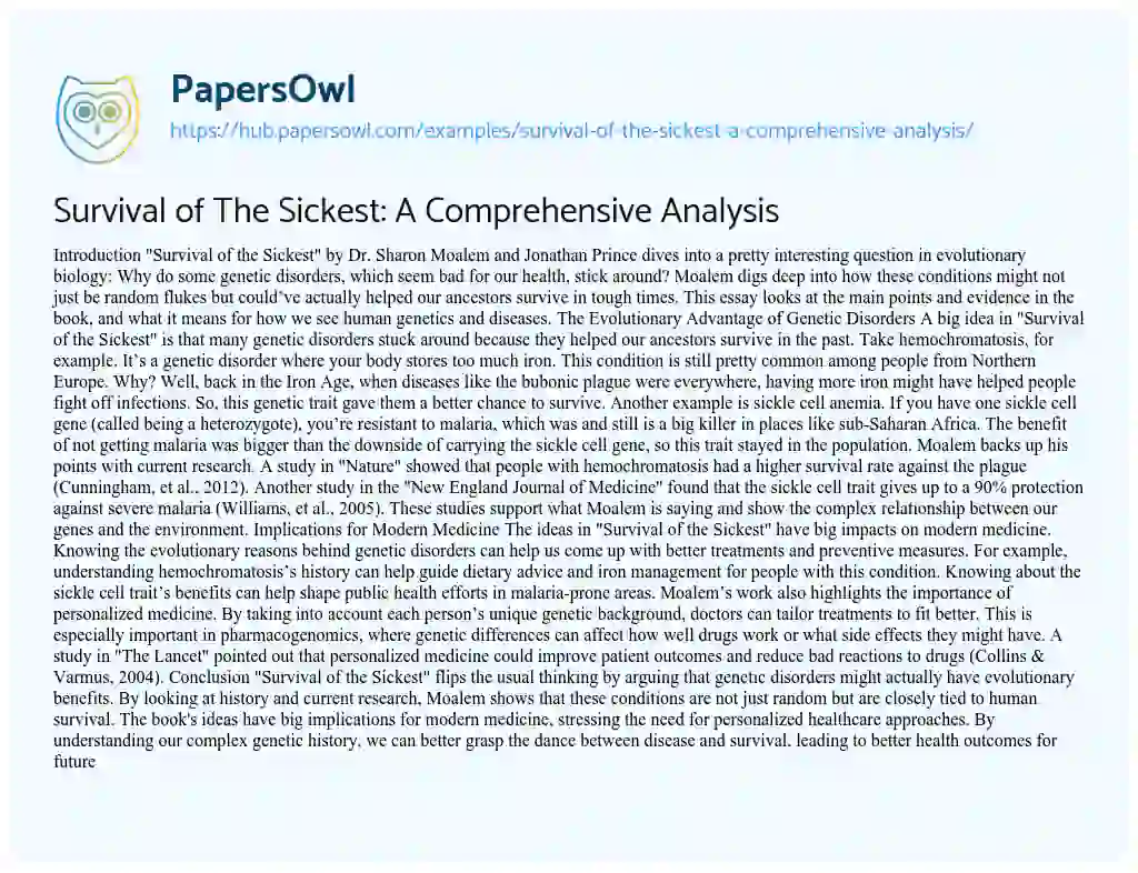 Essay on Survival of The Sickest: A Comprehensive Analysis