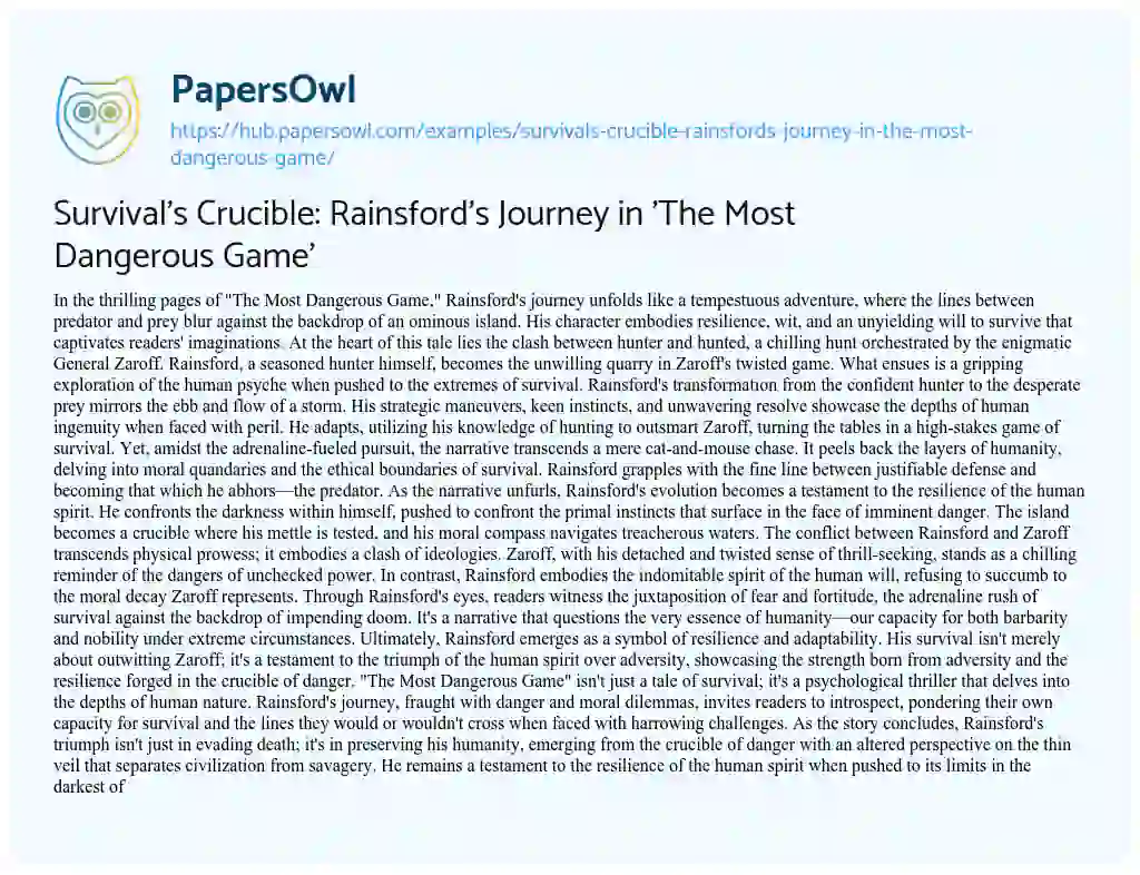 Essay on Survival’s Crucible: Rainsford’s Journey in ‘The Most Dangerous Game’