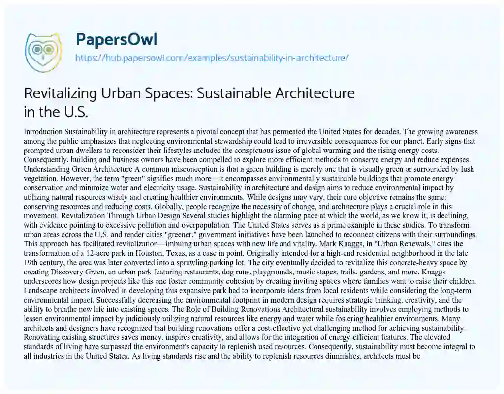 Essay on Revitalizing Urban Spaces: Sustainable Architecture in the U.S.