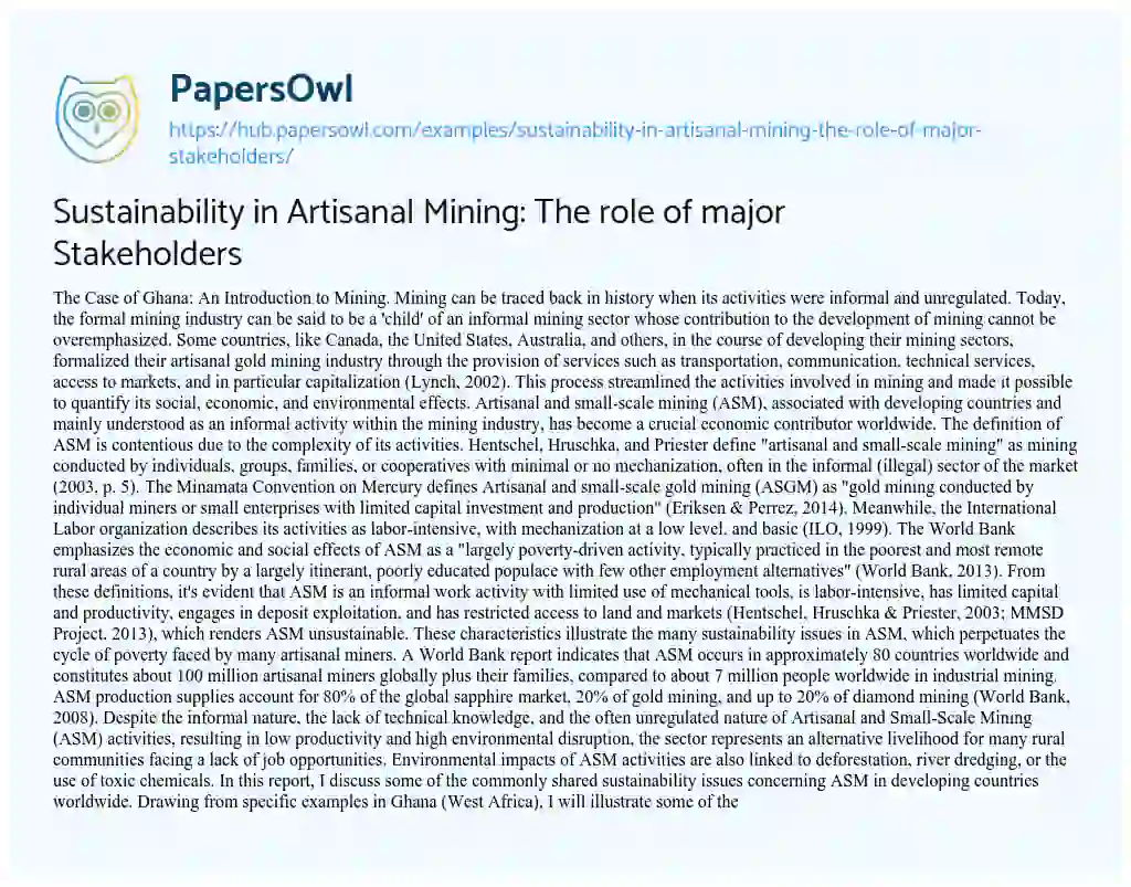 Essay on Sustainability in Artisanal Mining: The role of major Stakeholders