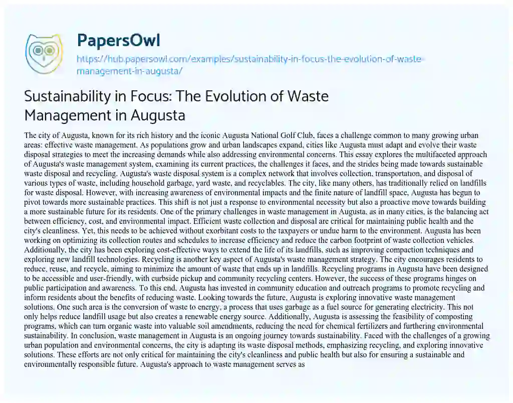 Essay on Sustainability in Focus: The Evolution of Waste Management in Augusta