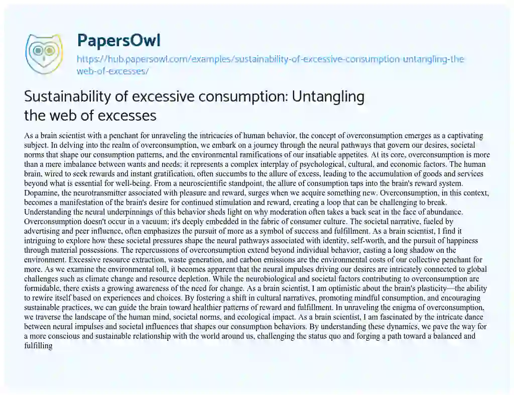 Essay on Sustainability of excessive consumption: Untangling the web of excesses