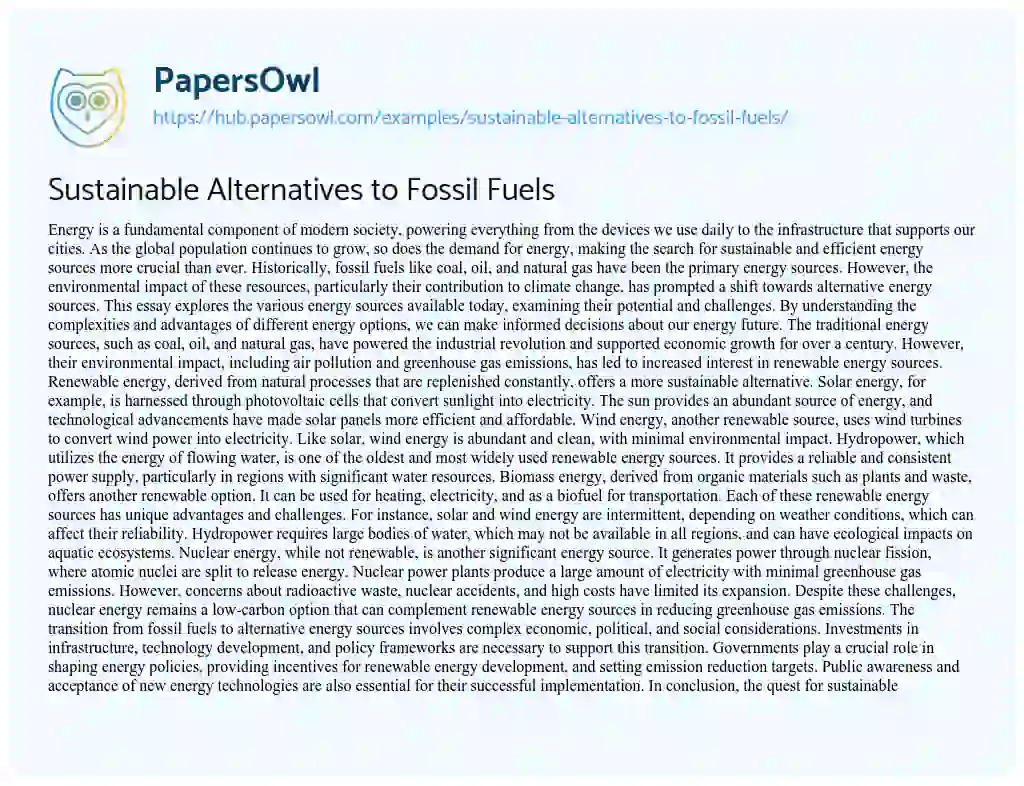 Essay on Sustainable Alternatives to Fossil Fuels