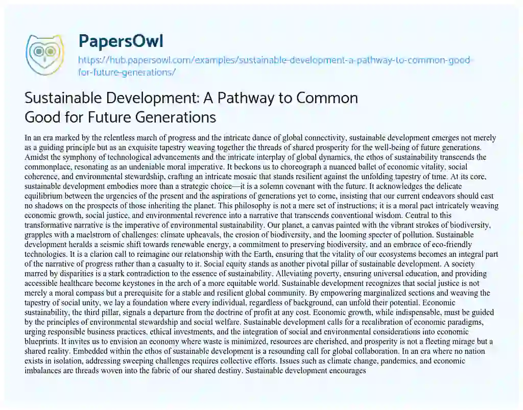 Essay on Sustainable Development: A Pathway to Common Good for Future Generations