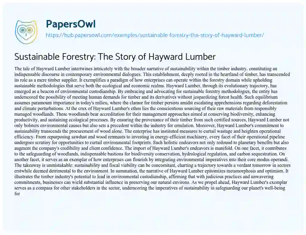 Essay on Sustainable Forestry: The Story of Hayward Lumber