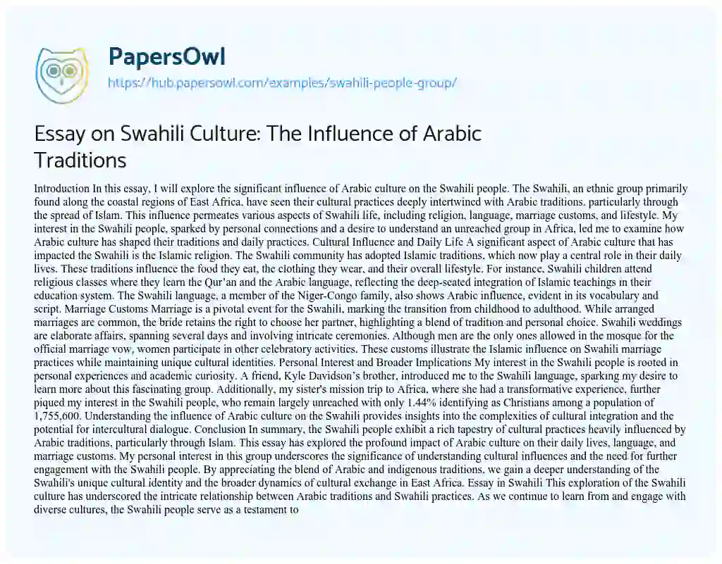 Essay on Essay on Swahili Culture: The Influence of Arabic Traditions