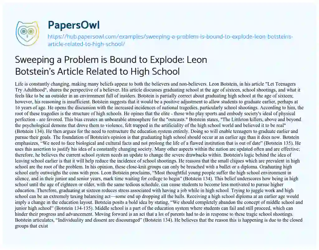 Essay on Sweeping a Problem is Bound to Explode: Leon Botstein’s Article Related to High School