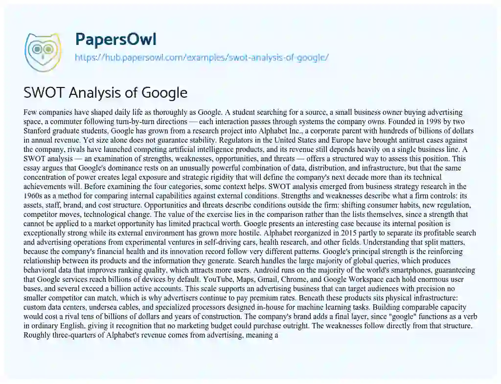 Essay on SWOT Analysis of Google