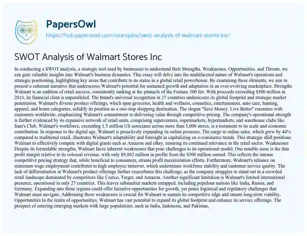 Essay on SWOT Analysis of Walmart Stores Inc
