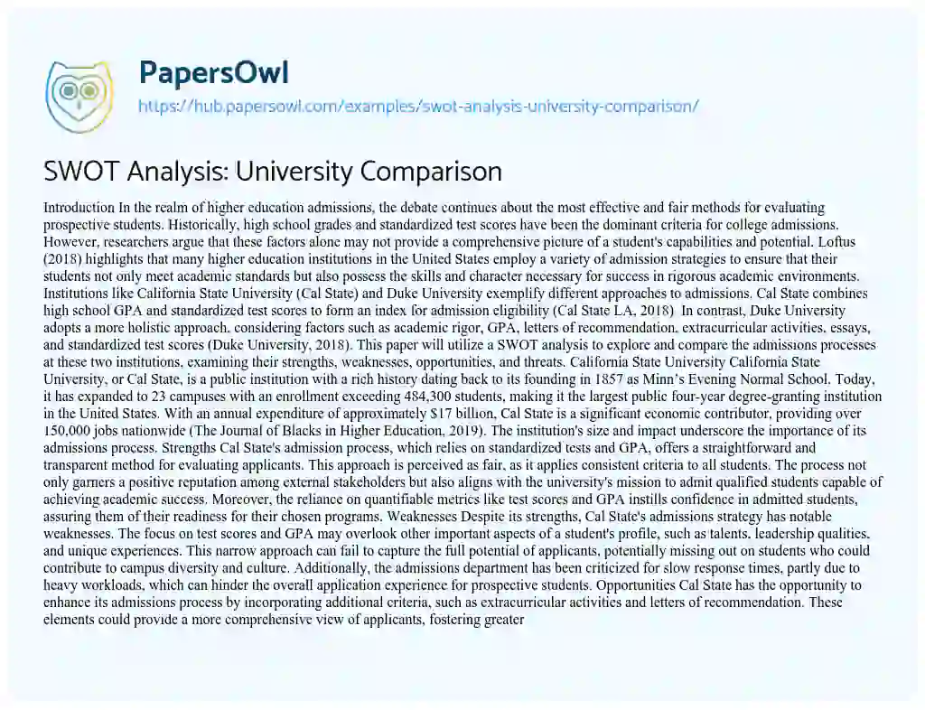 Essay on SWOT Analysis: University Comparison