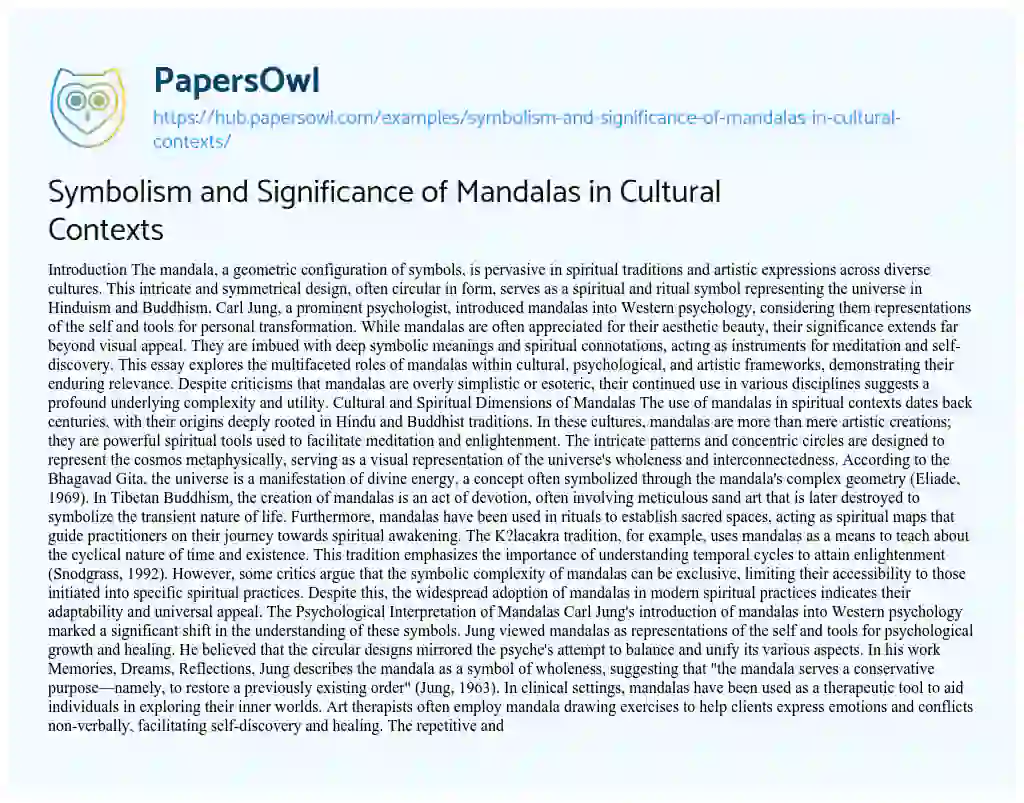 Essay on Symbolism and Significance of Mandalas in Cultural Contexts