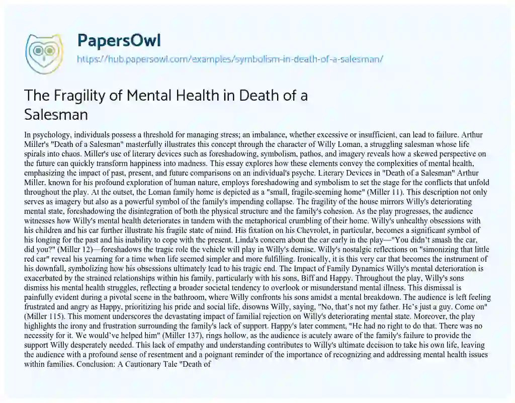 Essay on The Fragility of Mental Health in Death of a Salesman