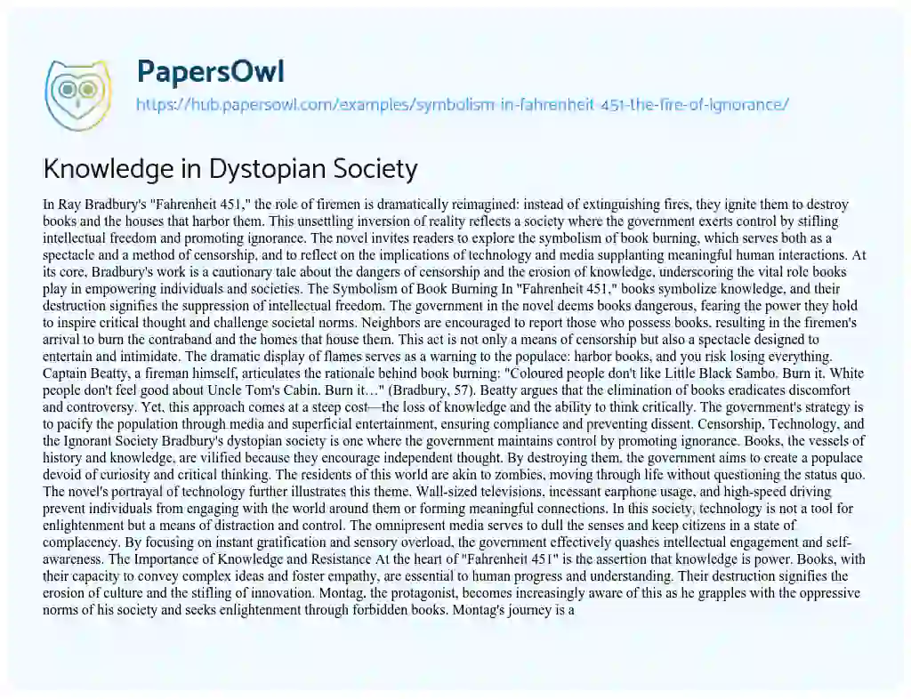 Essay on Knowledge in Dystopian Society