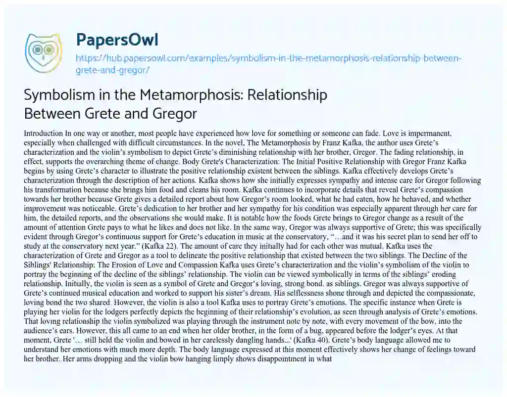 Essay on Symbolism in the Metamorphosis: Relationship Between Grete and Gregor