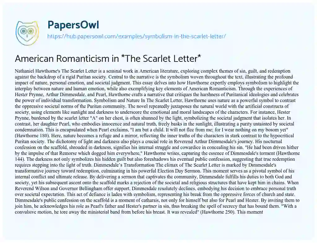 Essay on American Romanticism in *The Scarlet Letter*