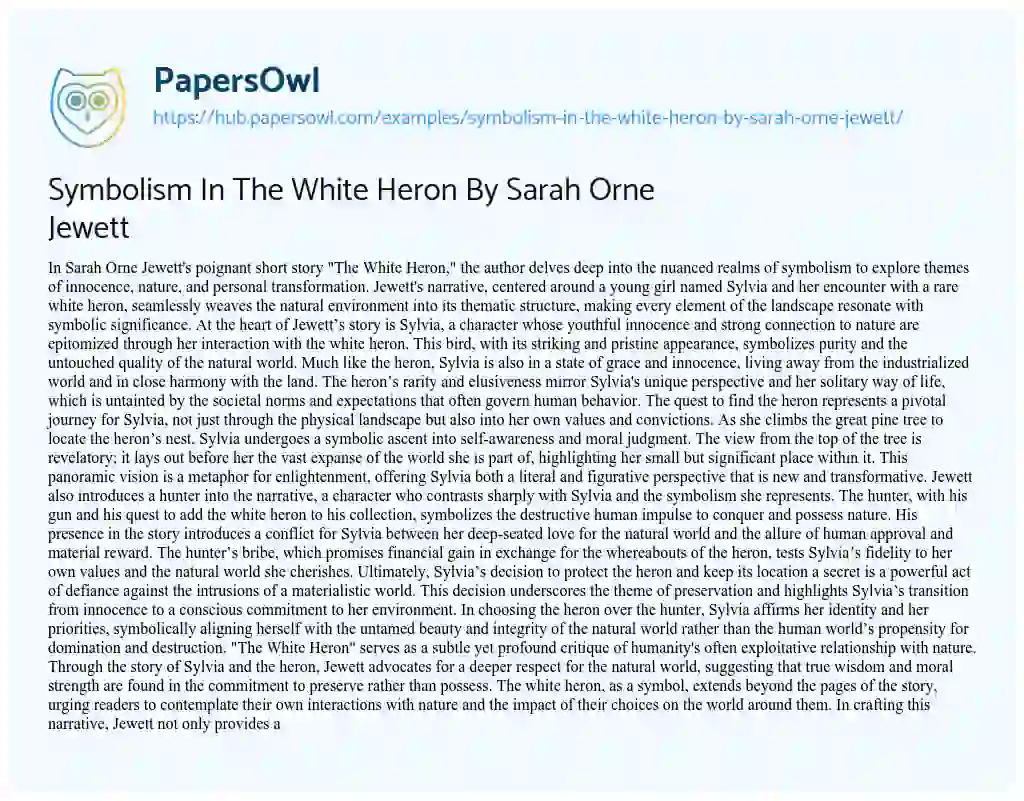 Essay on Symbolism In The White Heron By Sarah Orne Jewett