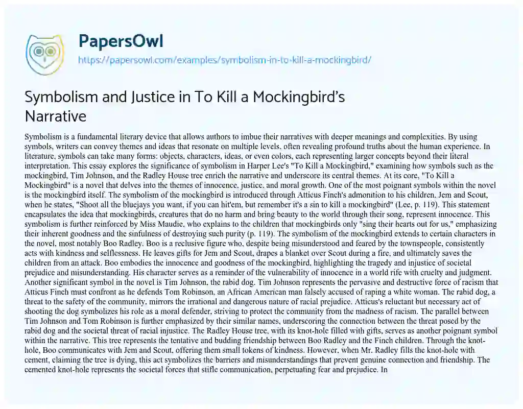 Essay on Symbolism and Justice in To Kill a Mockingbird’s Narrative
