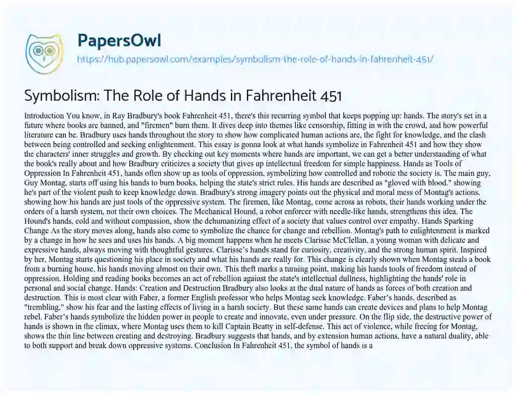 Essay on Symbolism: The Role of Hands in Fahrenheit 451