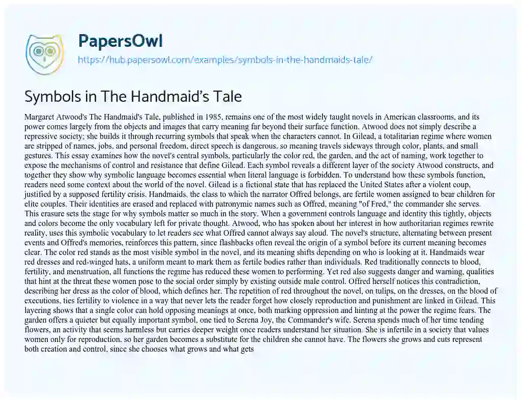 Essay on Symbols in The Handmaid’s Tale