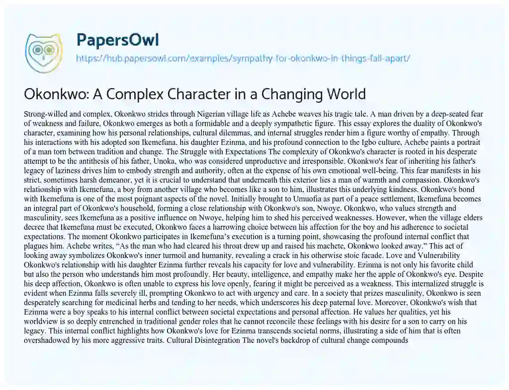 Essay on Okonkwo: A Complex Character in a Changing World
