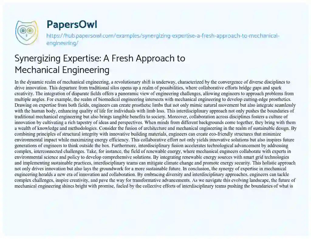 Essay on Synergizing Expertise: A Fresh Approach to Mechanical Engineering
