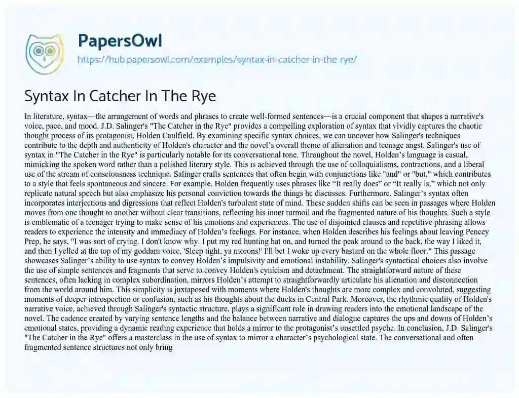 Essay on Syntax In Catcher In The Rye