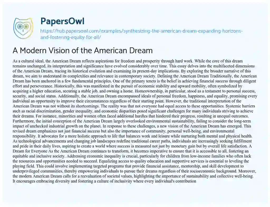 Essay on A Modern Vision of the American Dream