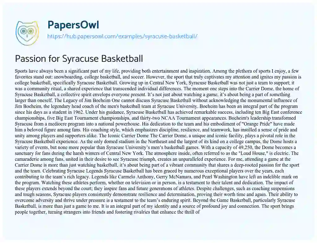 Essay on Passion for Syracuse Basketball