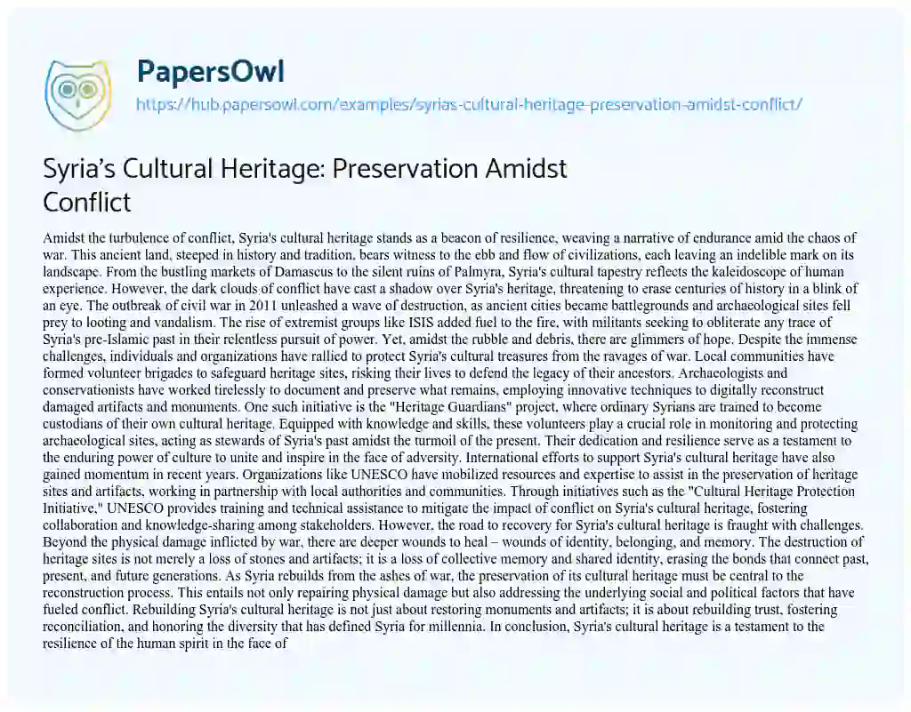 Essay on Syria’s Cultural Heritage: Preservation Amidst Conflict