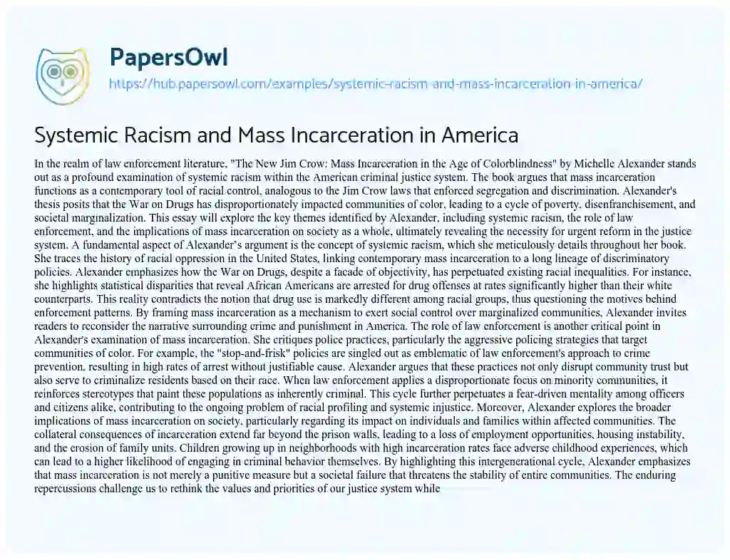 Essay on Systemic Racism and Mass Incarceration in America