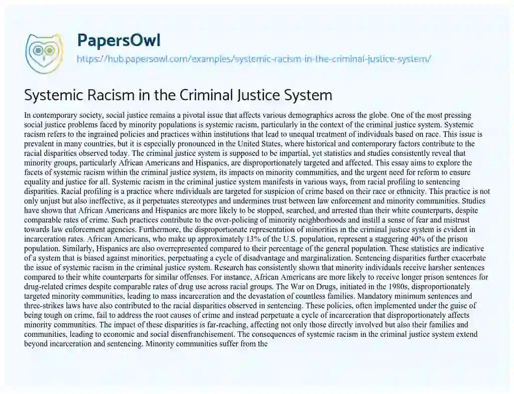 Essay on Systemic Racism in the Criminal Justice System