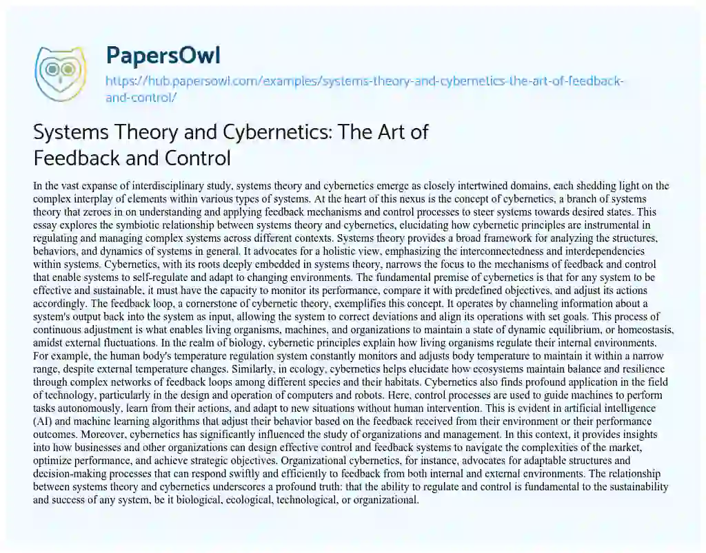 Essay on Systems Theory and Cybernetics: The Art of Feedback and Control