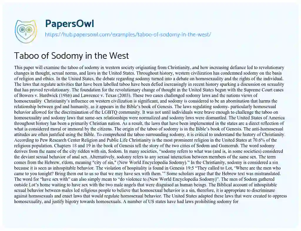 Essay on Taboo of Sodomy in the West