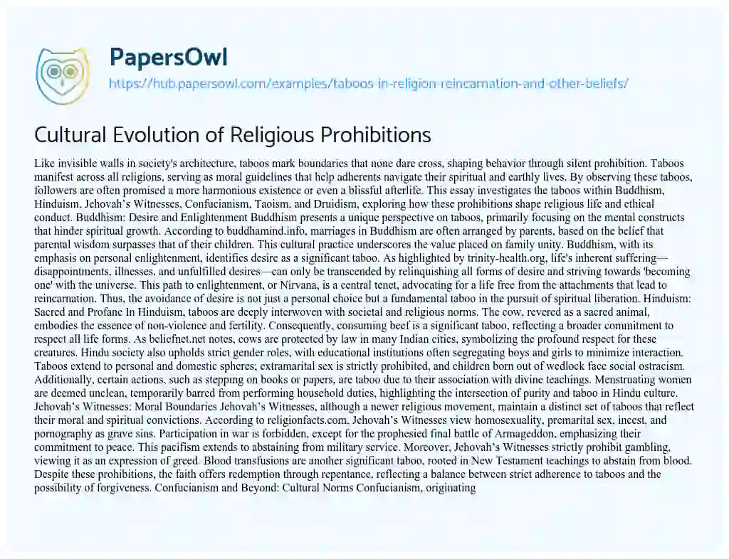 Essay on Cultural Evolution of Religious Prohibitions