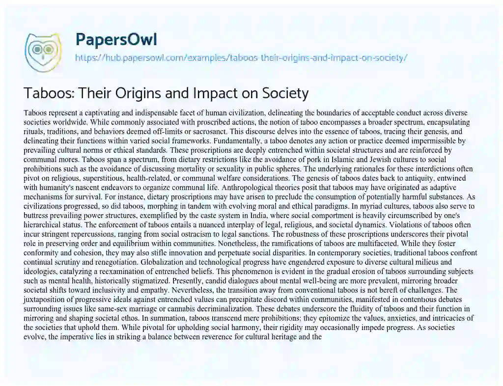 Essay on Taboos: Their Origins and Impact on Society