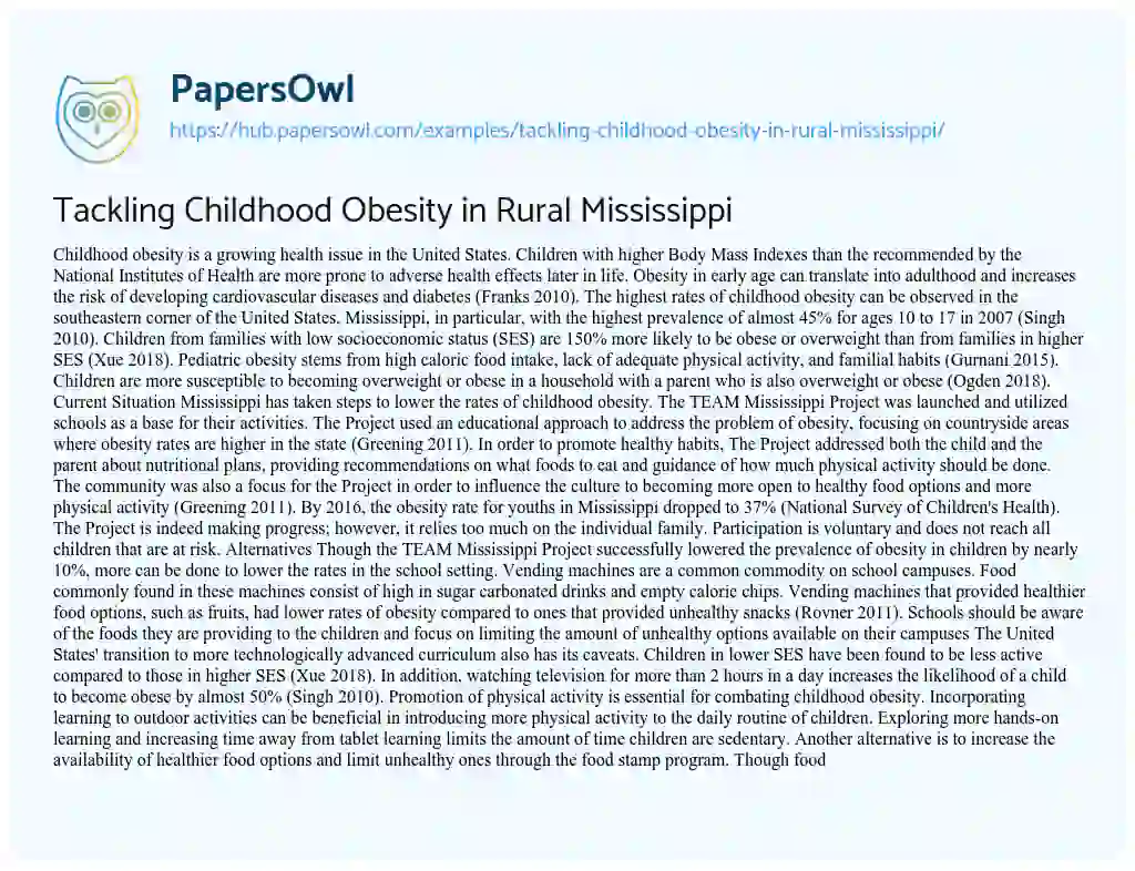 Essay on Tackling Childhood Obesity in Rural Mississippi