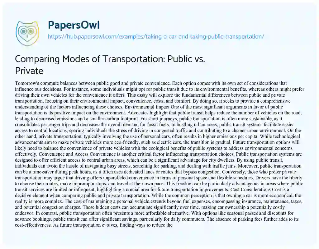 Essay on Comparing Modes of Transportation: Public vs. Private