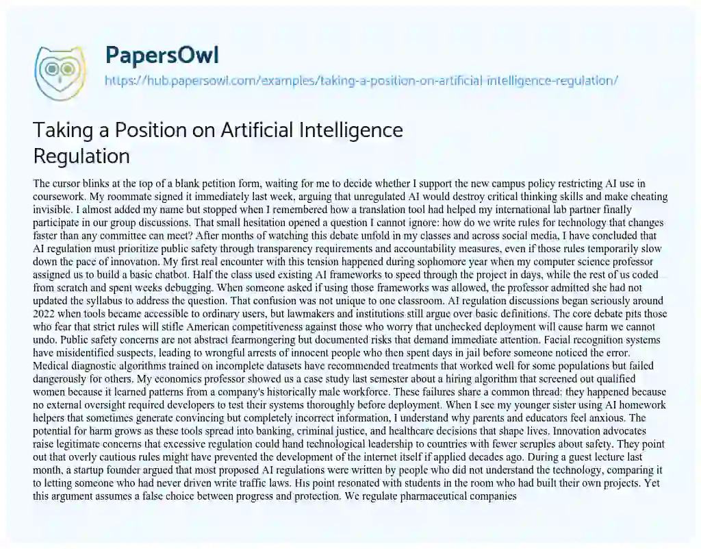 Essay on Taking a Position on Artificial Intelligence Regulation