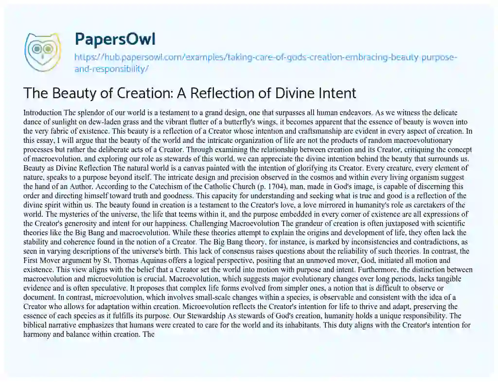 Essay on The Beauty of Creation: A Reflection of Divine Intent