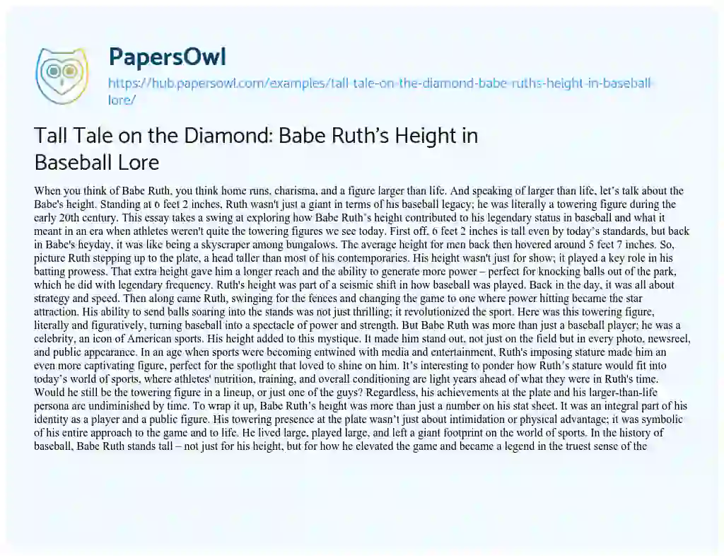 Essay on Tall Tale on the Diamond: Babe Ruth’s Height in Baseball Lore