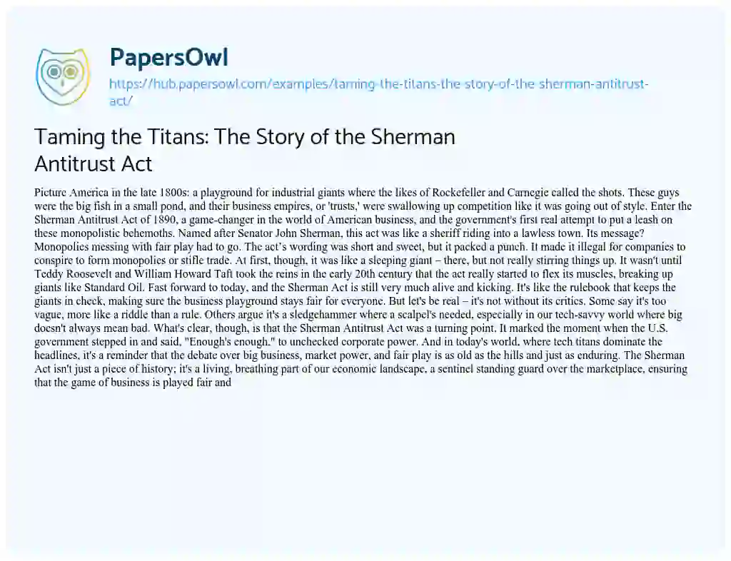 Essay on Taming the Titans: The Story of the Sherman Antitrust Act