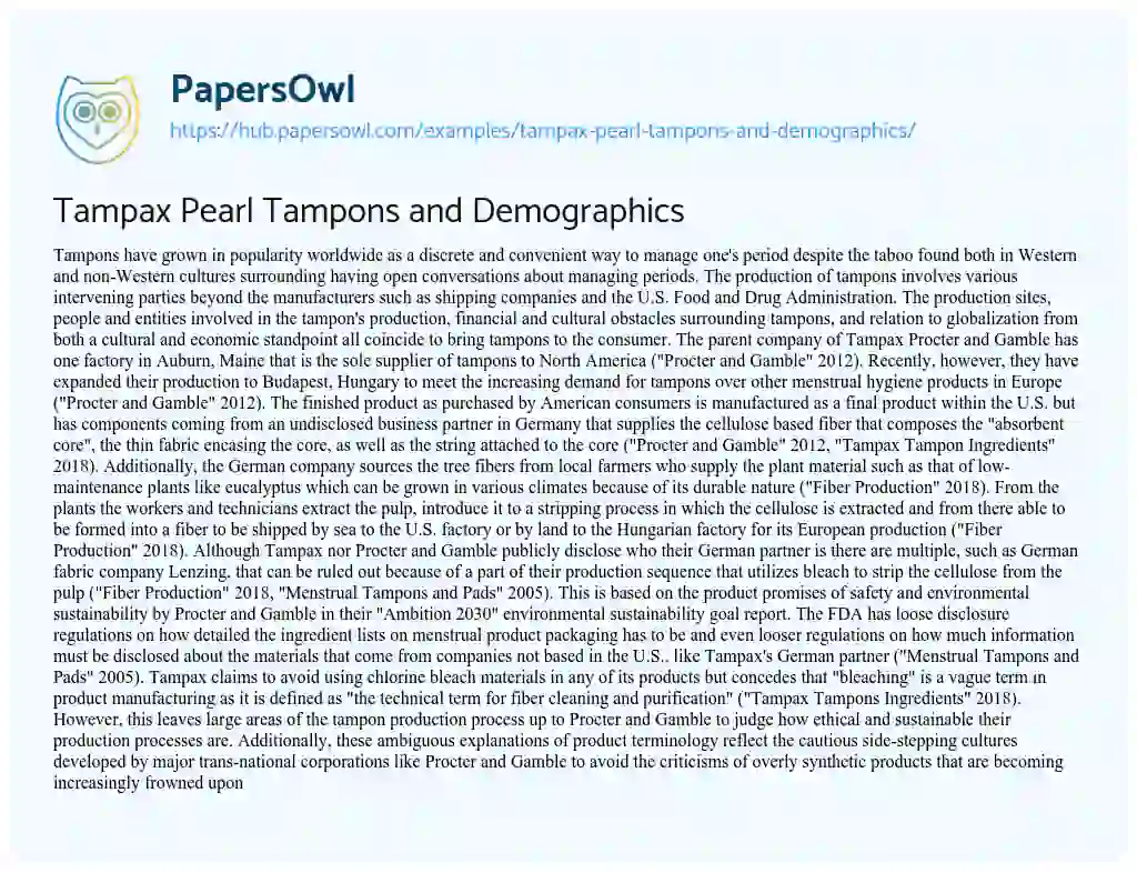 Essay on Tampax Pearl Tampons and Demographics